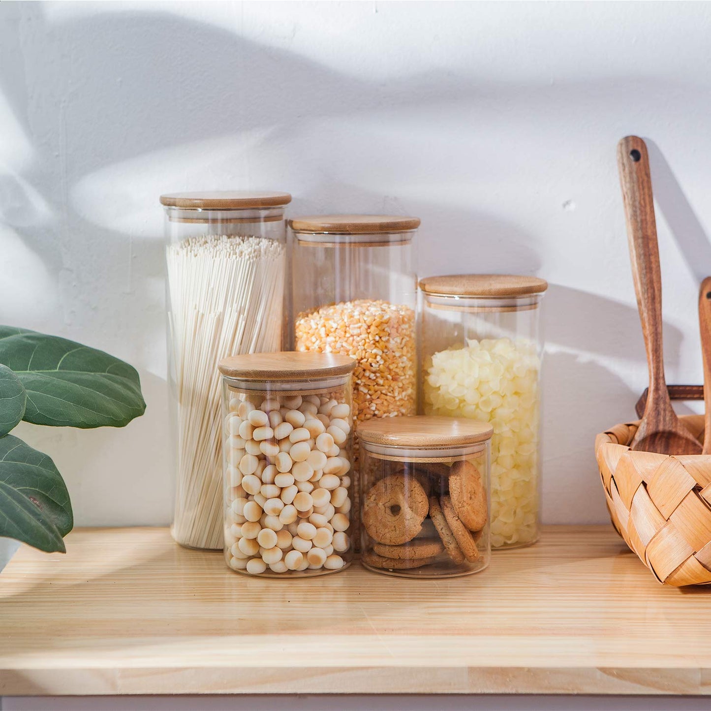 Glass Food Storage Containers with Bamboo Wooden Lids - Set