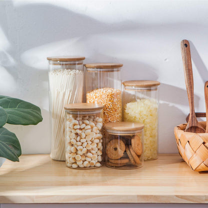 Glass Food Storage Containers with Bamboo Wooden Lids - Set