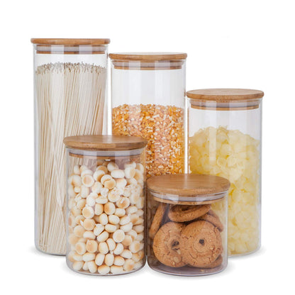 Glass Food Storage Containers with Bamboo Wooden Lids - Set